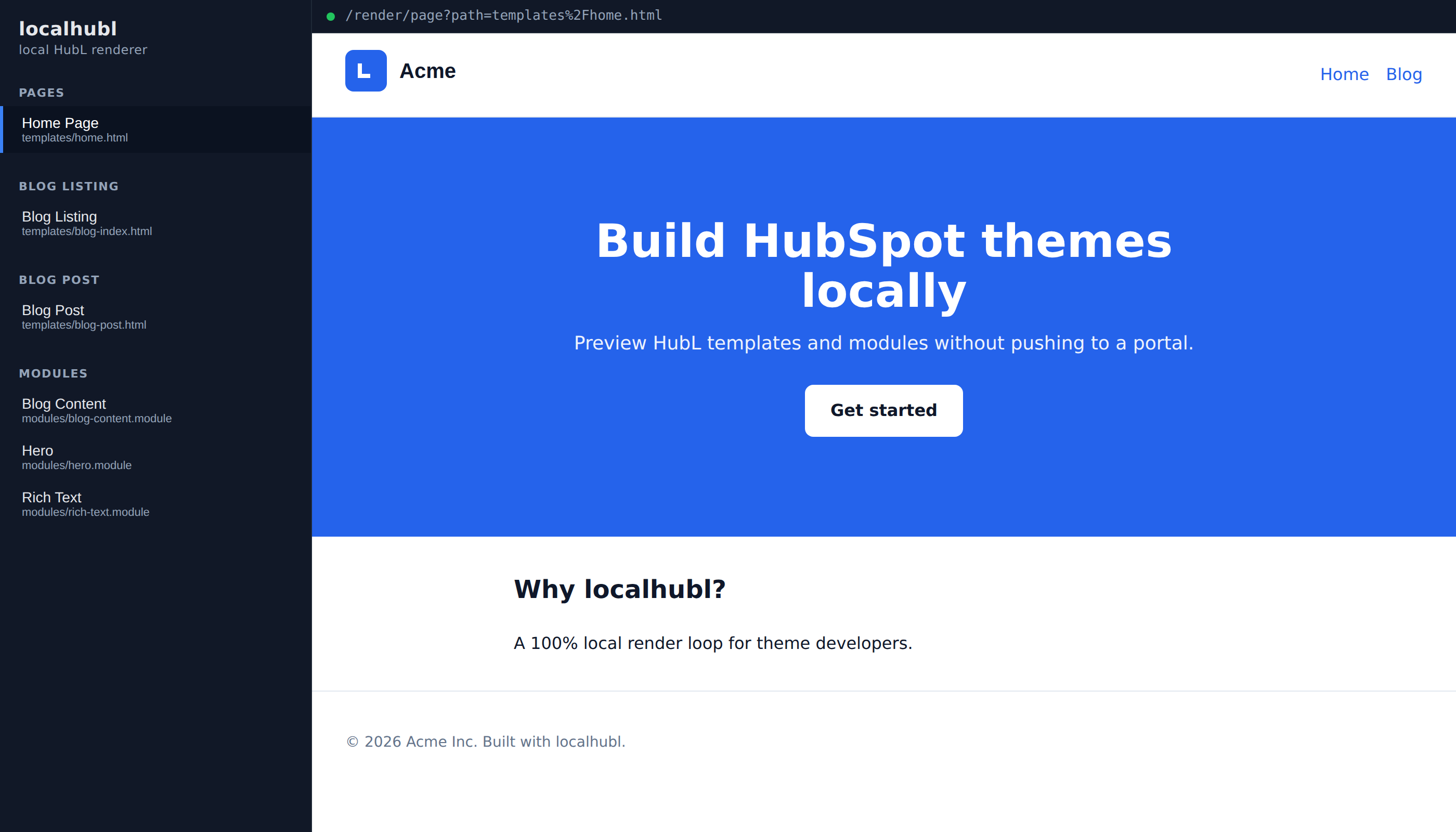 The localhubl preview interface: a dark sidebar listing page templates, blog listing, blog post and module files, next to a rendered HubSpot theme home page with a blue hero section.